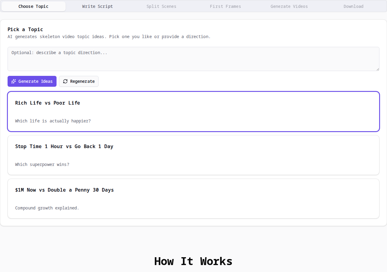 AI generates 5 topic ideas for skeleton videos